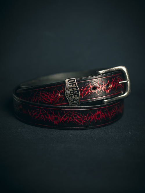 Handmade Red leather belt with Sigil embossed design - OffBeat Belts NZ